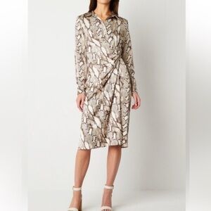 NWT Worthington Leona Satin Shirt Dress XXL Brown Animal Rattlesnake Faux Wrap